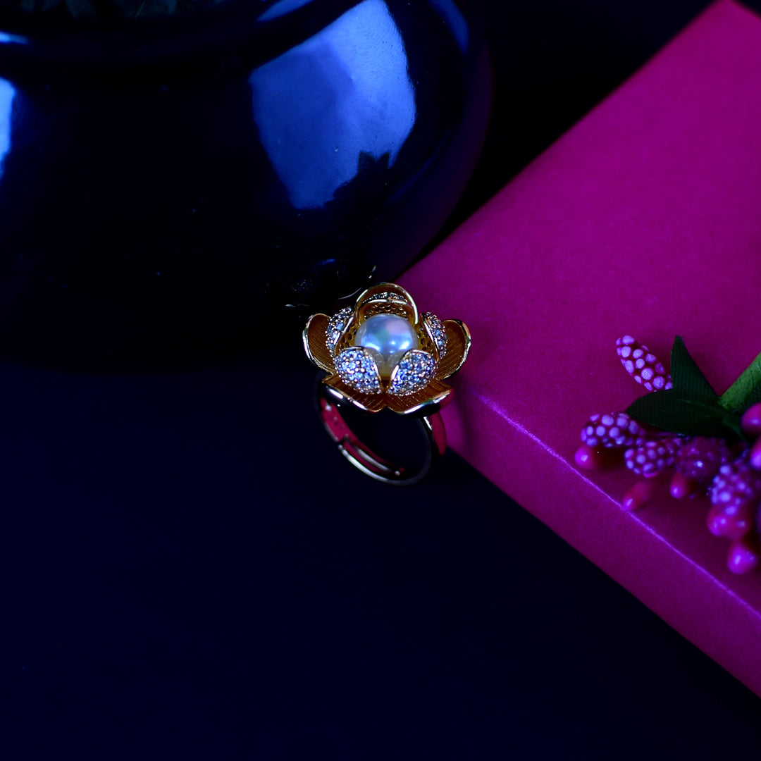 Gold-Toned Lotus Pearl Diamond Ring