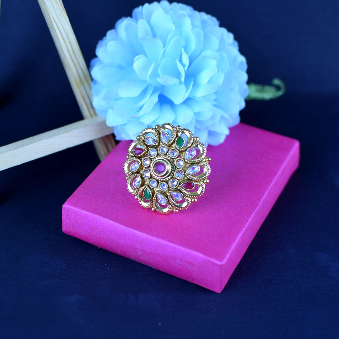 Antique Gold-Toned Multicolor Kundan Statement Ring