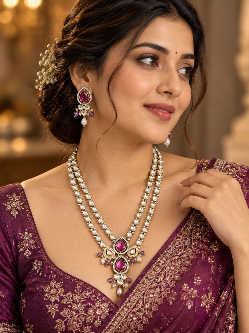 Handcrafted Purple Pearl Silver Necklace Set