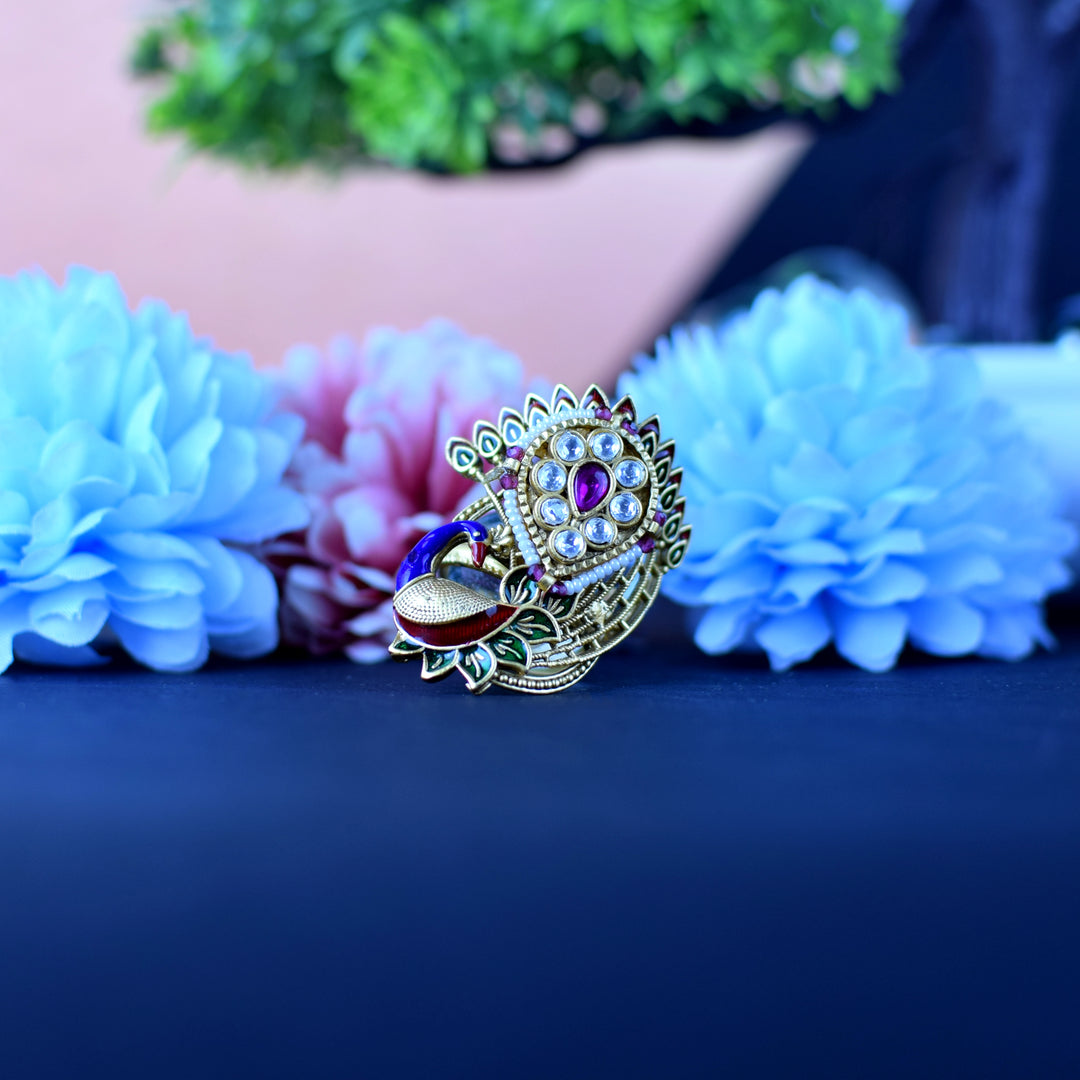 Anti-Tarnish Peacock Golden Meenakari Ring