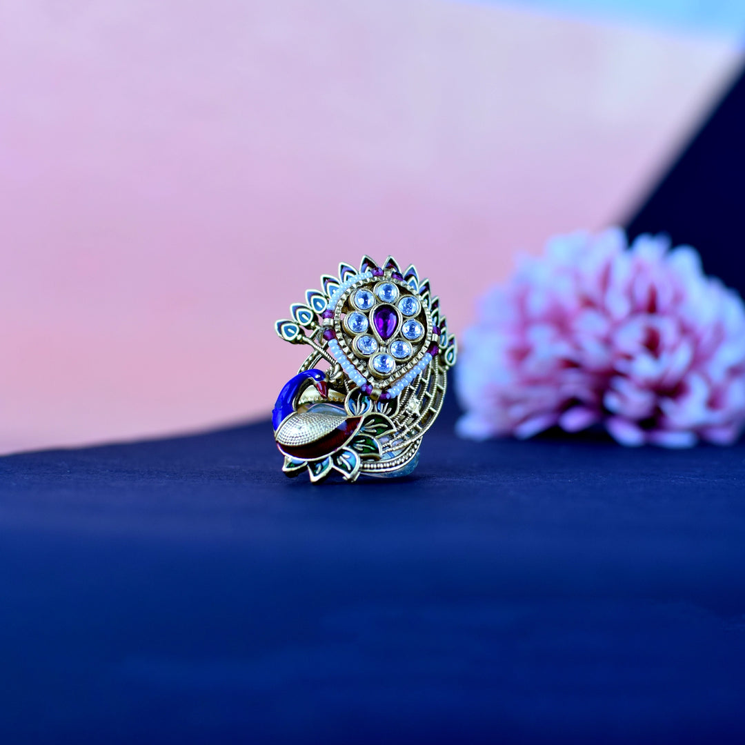 Anti-Tarnish Peacock Golden Meenakari Ring