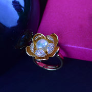 Gold-Toned Lotus Pearl Diamond Ring