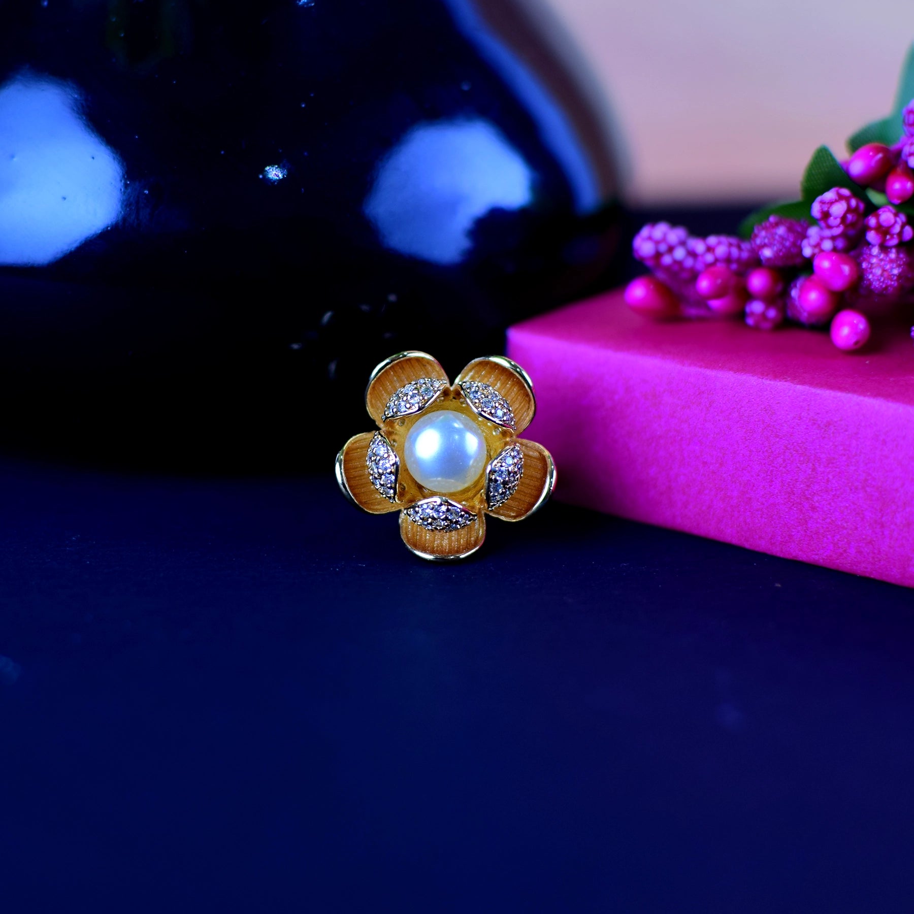 Gold-Toned Lotus Pearl Diamond Ring