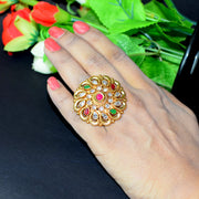 Antique Gold-Toned Multicolor Kundan Statement Ring