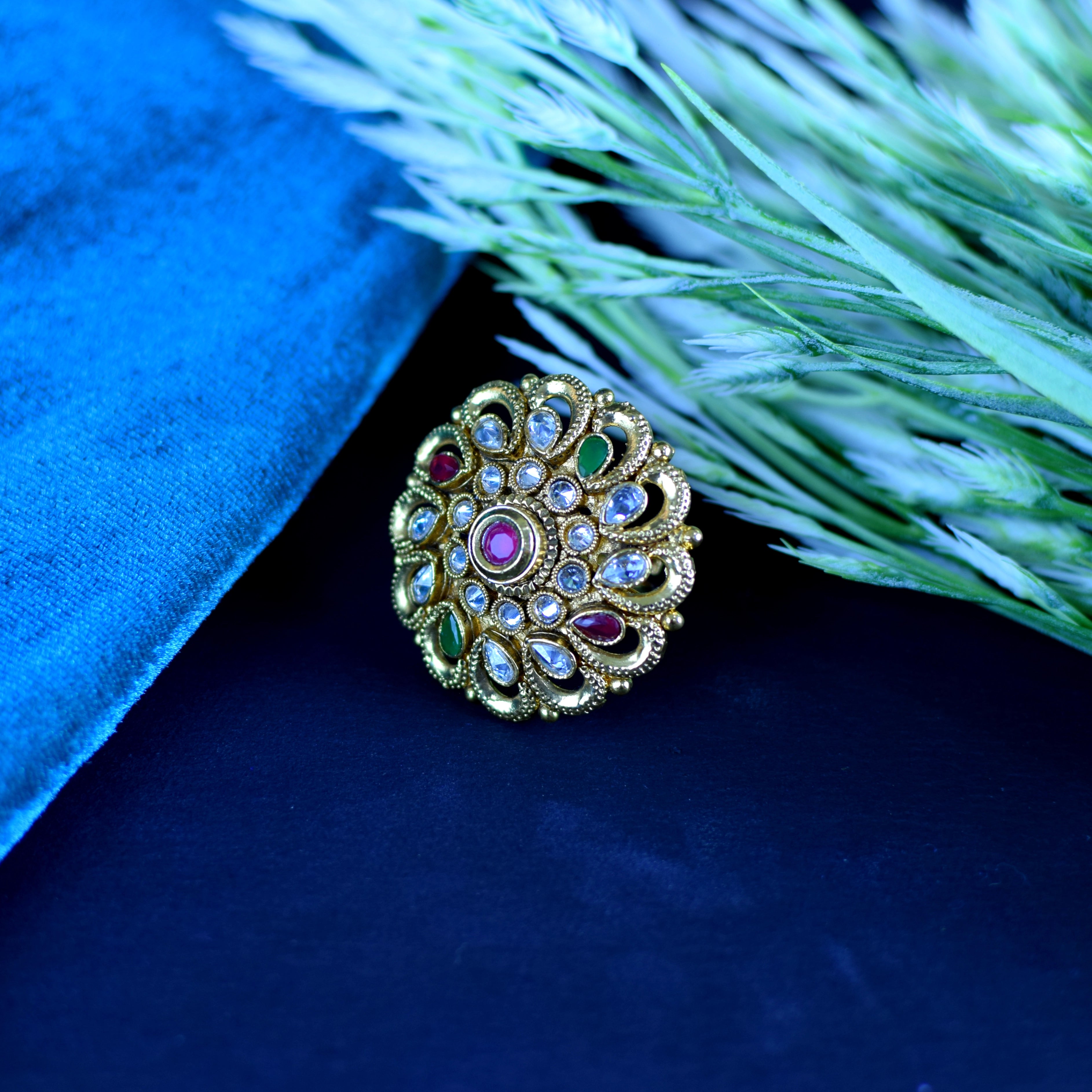 Antique Gold-Toned Multicolor Kundan Statement Ring