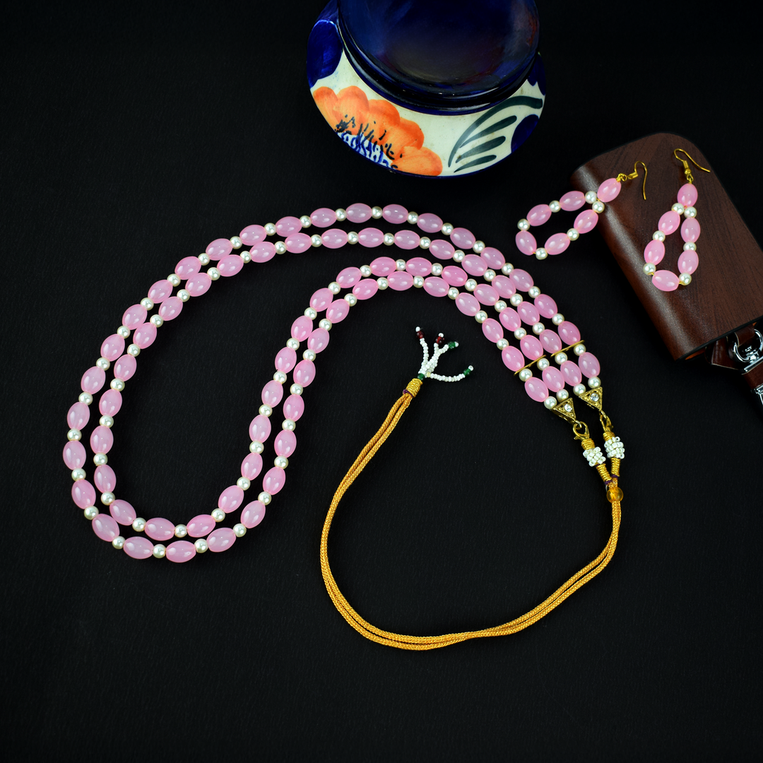 Soft Pink Pearl Bead Necklace Set with Earrings