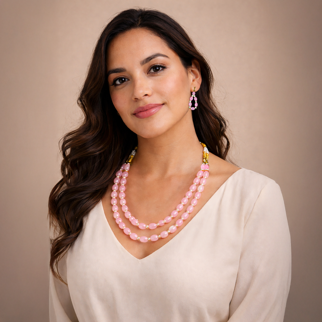 Soft Pink Pearl Bead Necklace Set with Earrings
