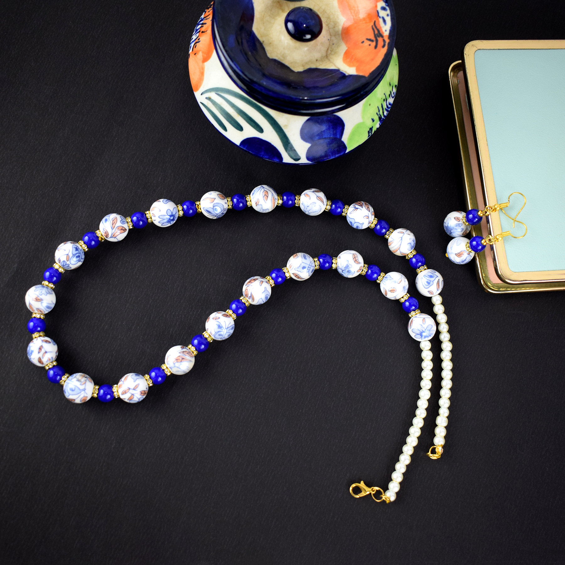 Royal Blue & White Ceramic Bead Necklace Set