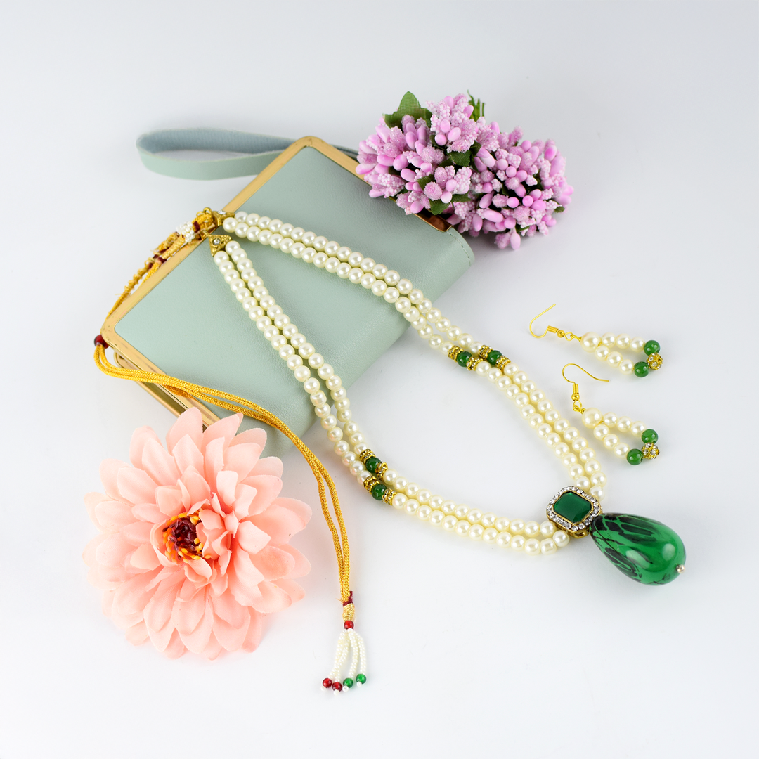 Elegant Pearl & Green Stone Necklace Set with Earrings