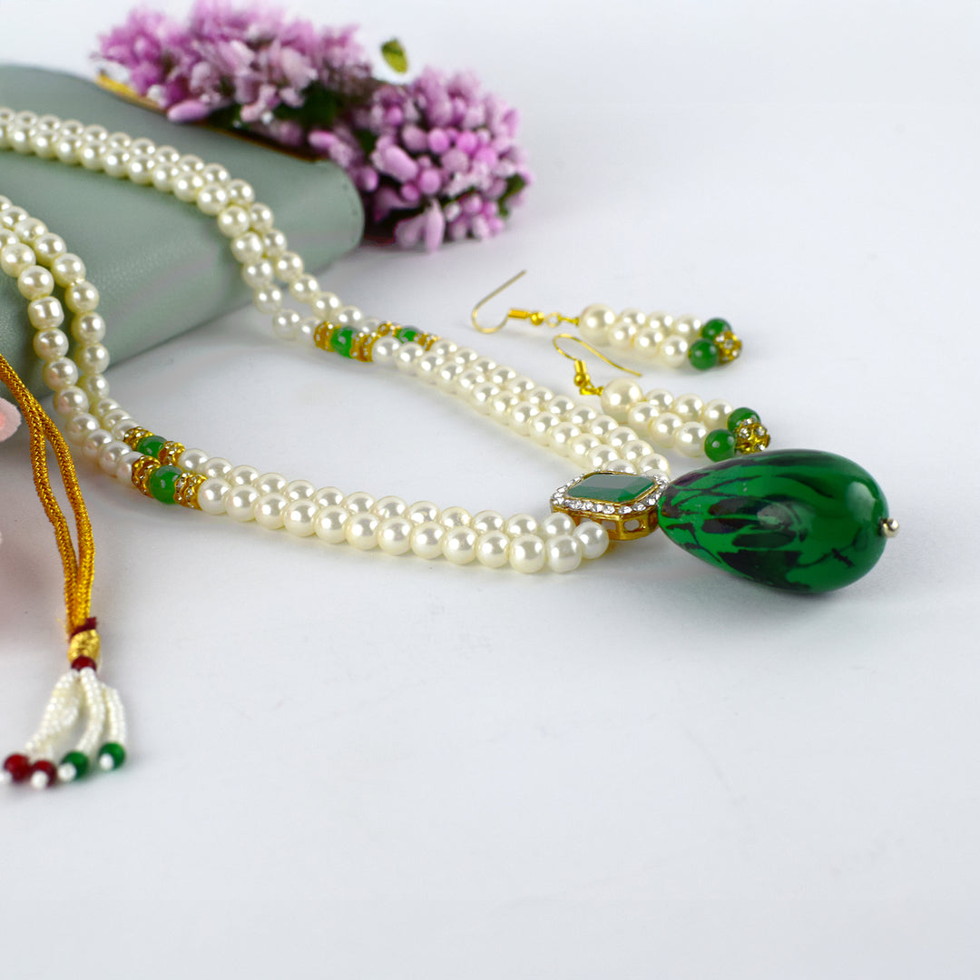 Elegant Pearl & Green Stone Necklace Set with Earrings