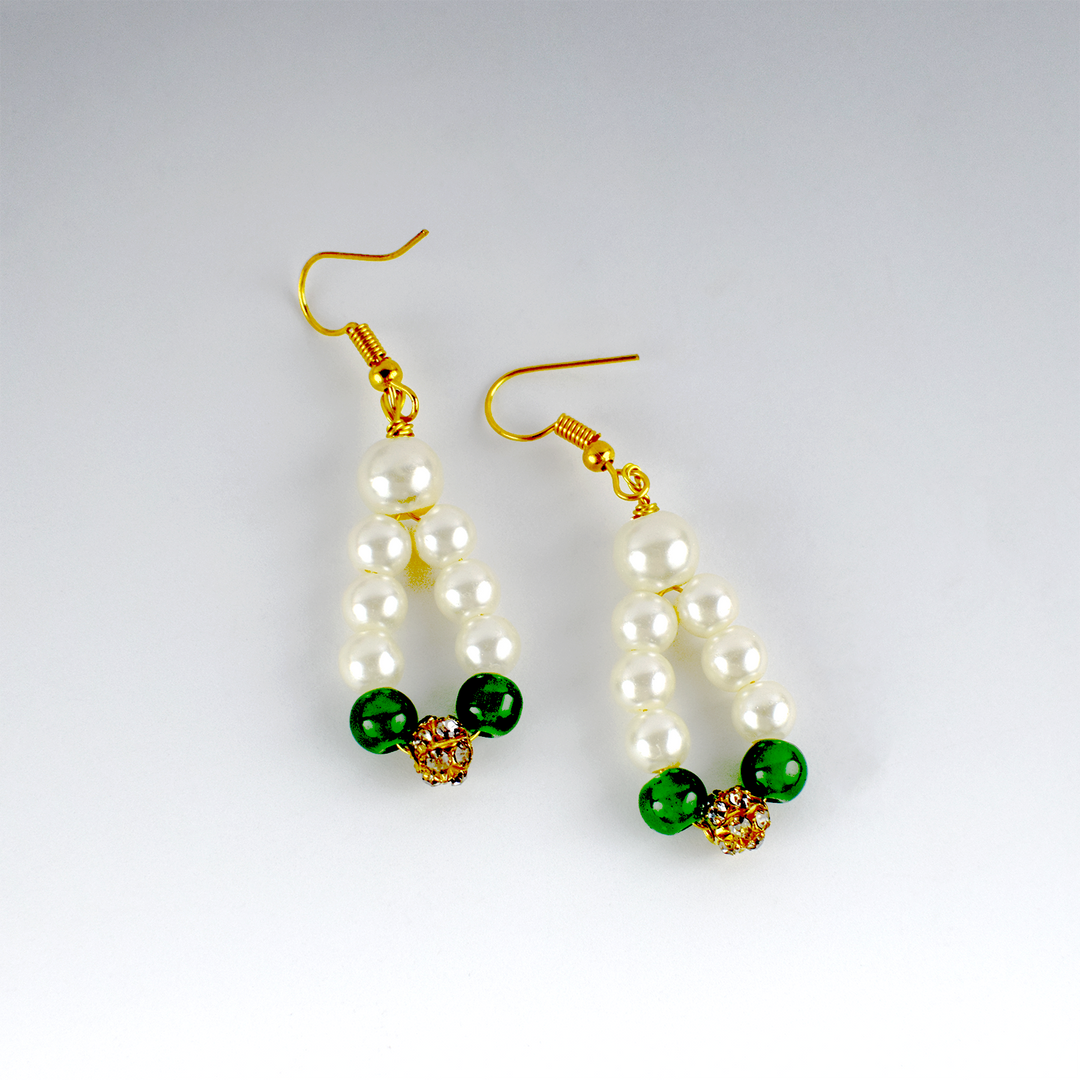 Elegant Pearl & Green Stone Necklace Set with Earrings