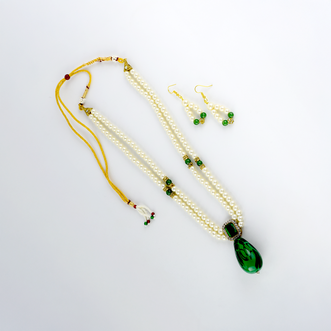 Elegant Pearl & Green Stone Necklace Set with Earrings