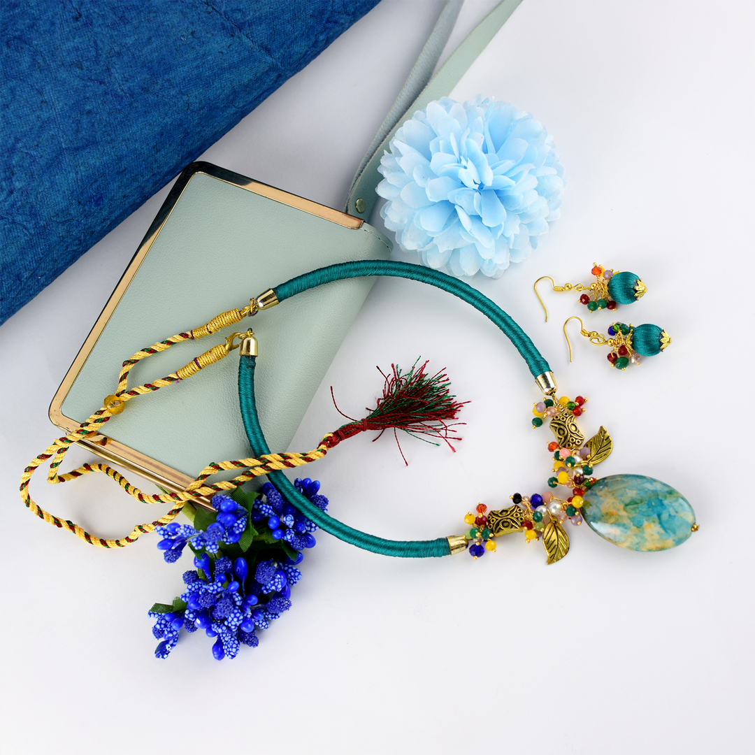 Teal Thread Necklace Set with Colourful Beads & Earrings