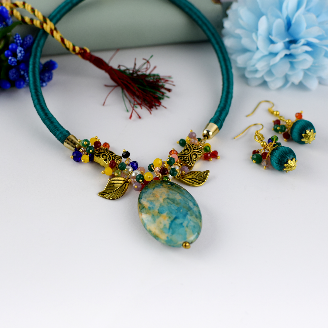 Teal Thread Necklace Set with Colourful Beads & Earrings