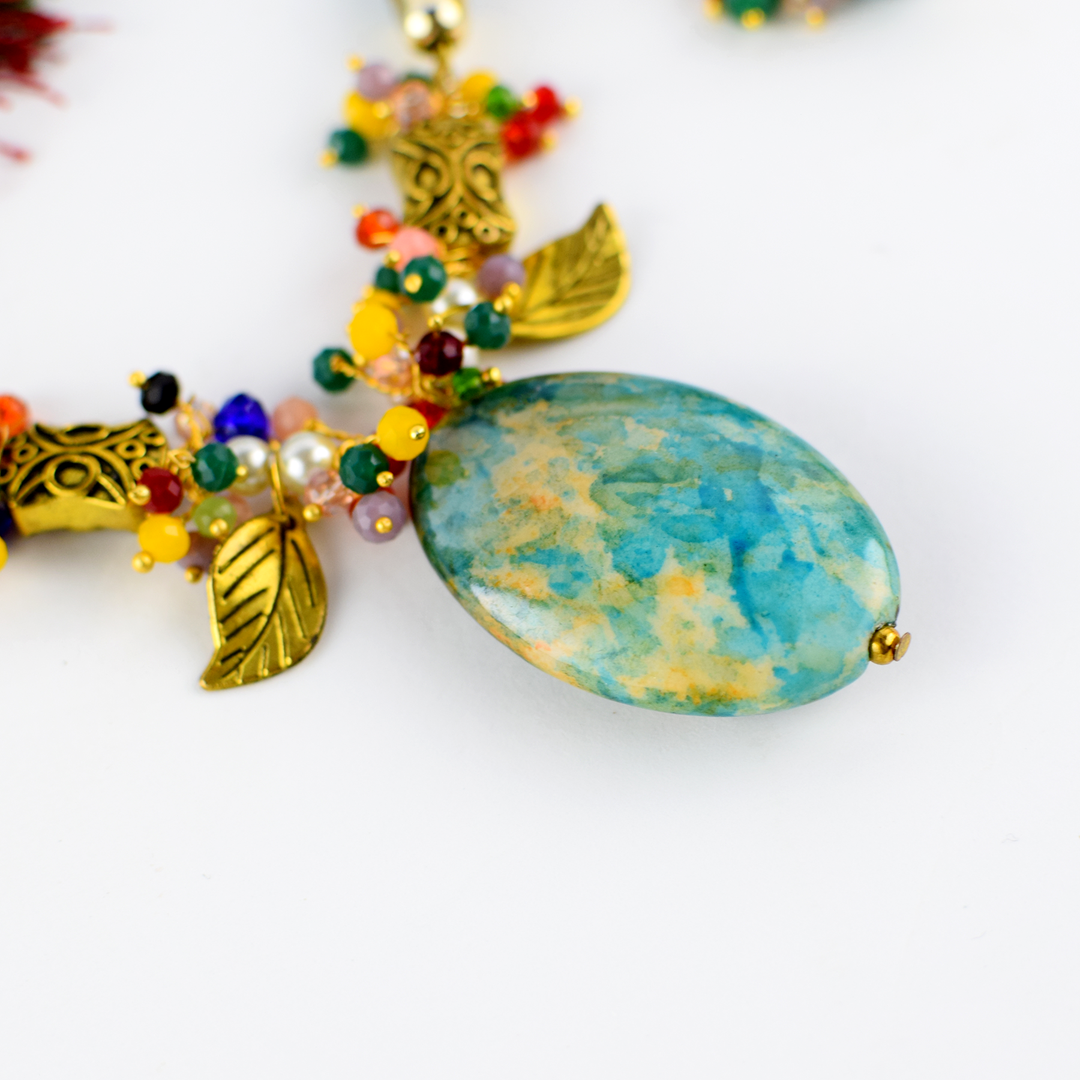 Teal Thread Necklace Set with Colourful Beads & Earrings