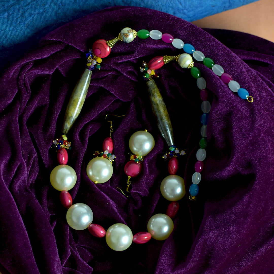 Handcrafted Pearl & Multicolour Bead Necklace Set