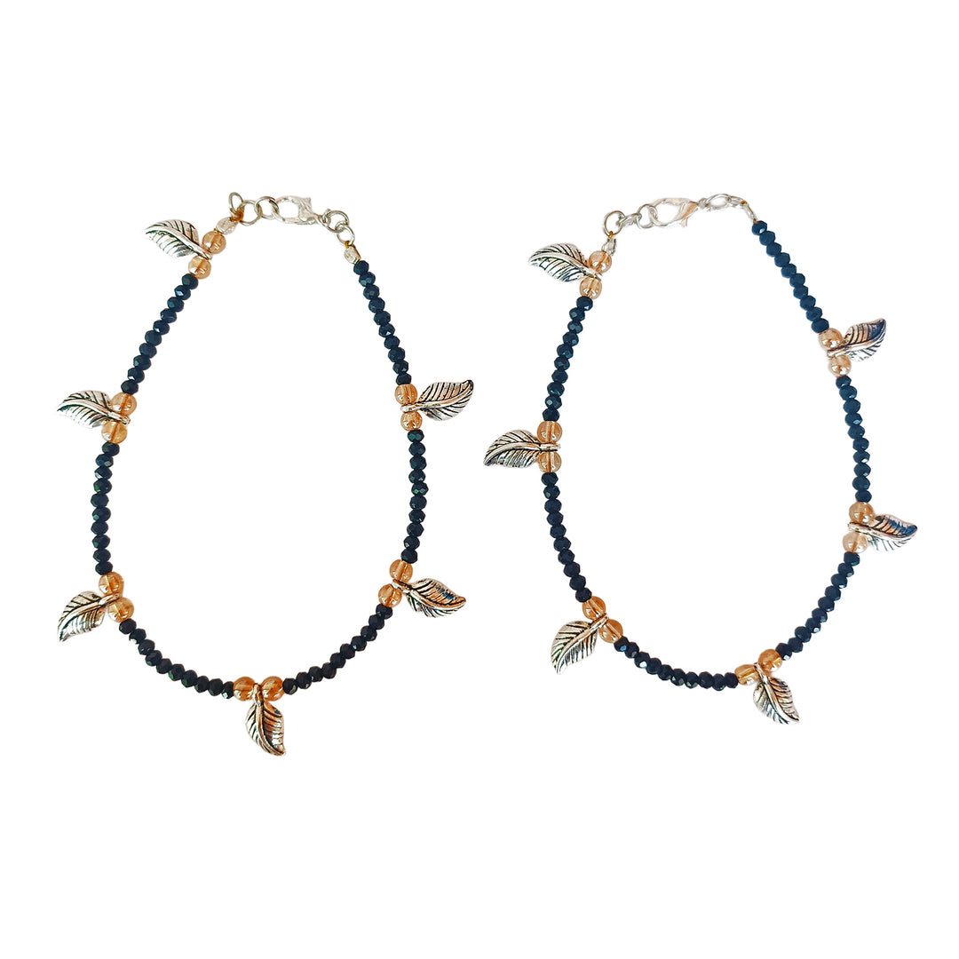 Silver Leaf Black Beaded Anklet Set