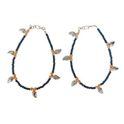 Silver Leaf Black Beaded Anklet Set