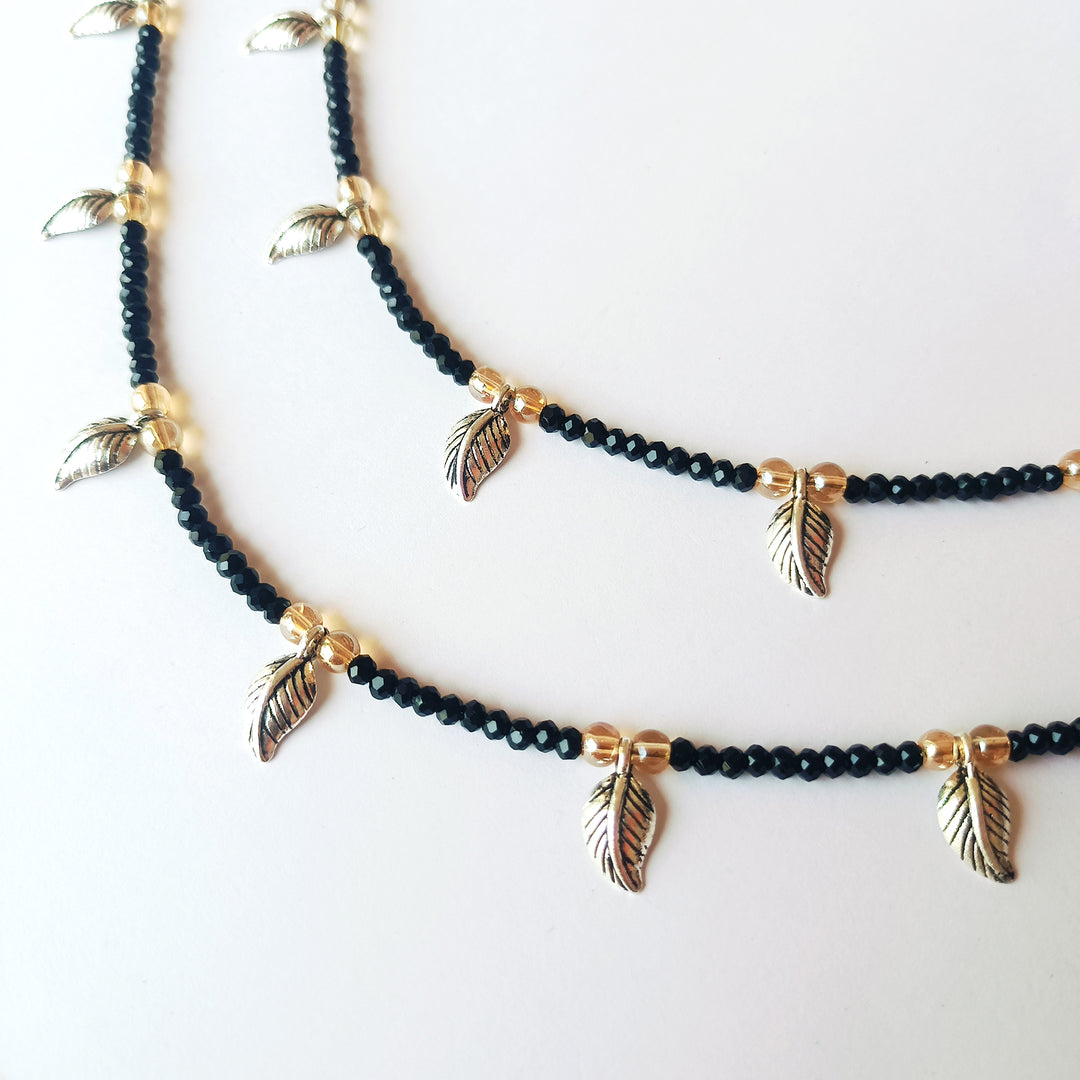 Silver Leaf Black Beaded Anklet Set