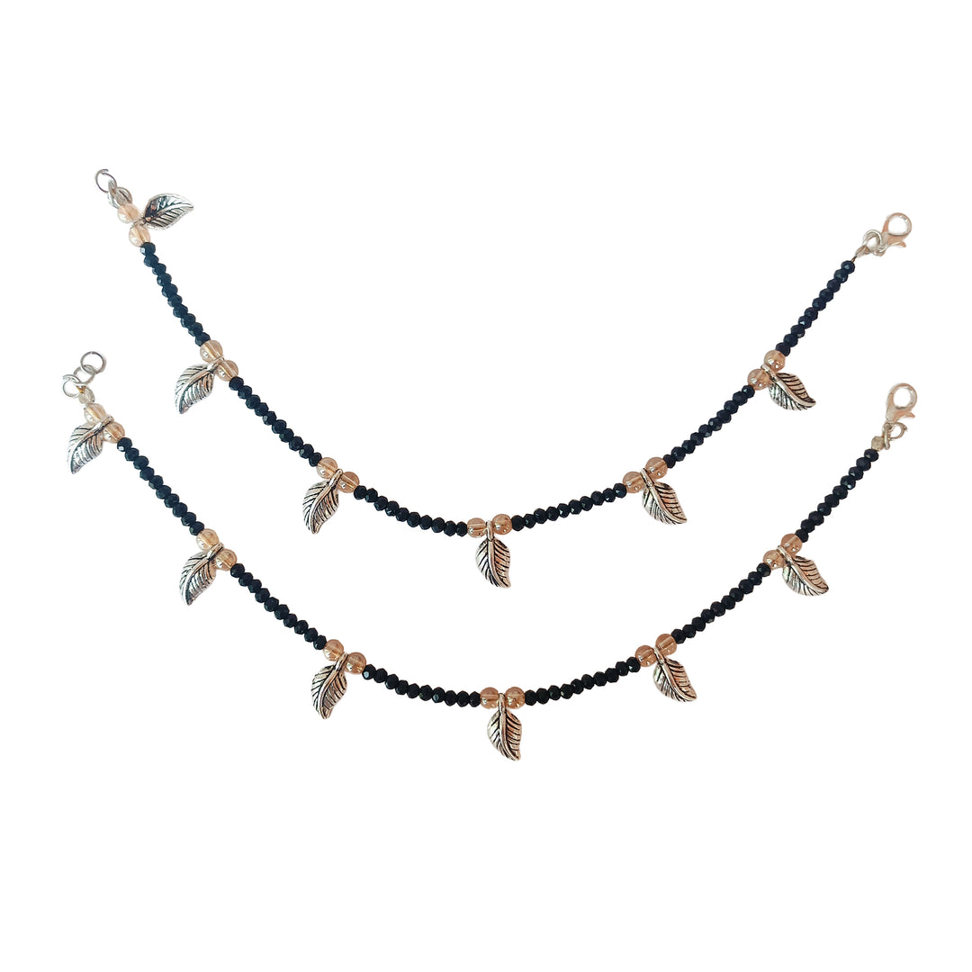 Silver Leaf Black Beaded Anklet Set