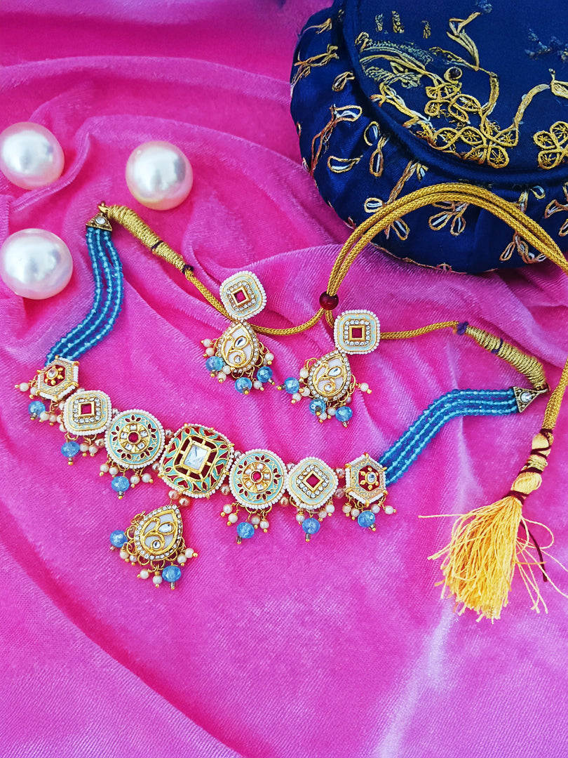 MoRa Dream handcrafted blue multi-strand beaded Kundan-inspired necklace with gold-tone traditional motifs, pearl-style drops and matching ethnic earrings