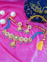 MoRa Dream handcrafted blue multi-strand beaded Kundan-inspired necklace with gold-tone traditional motifs, pearl-style drops and matching ethnic earrings