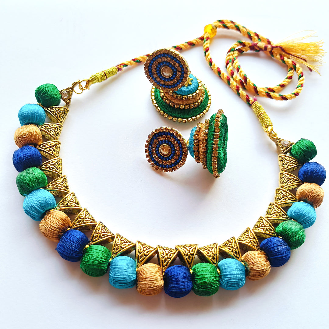 Multicolour Threaded Necklace Earring Set