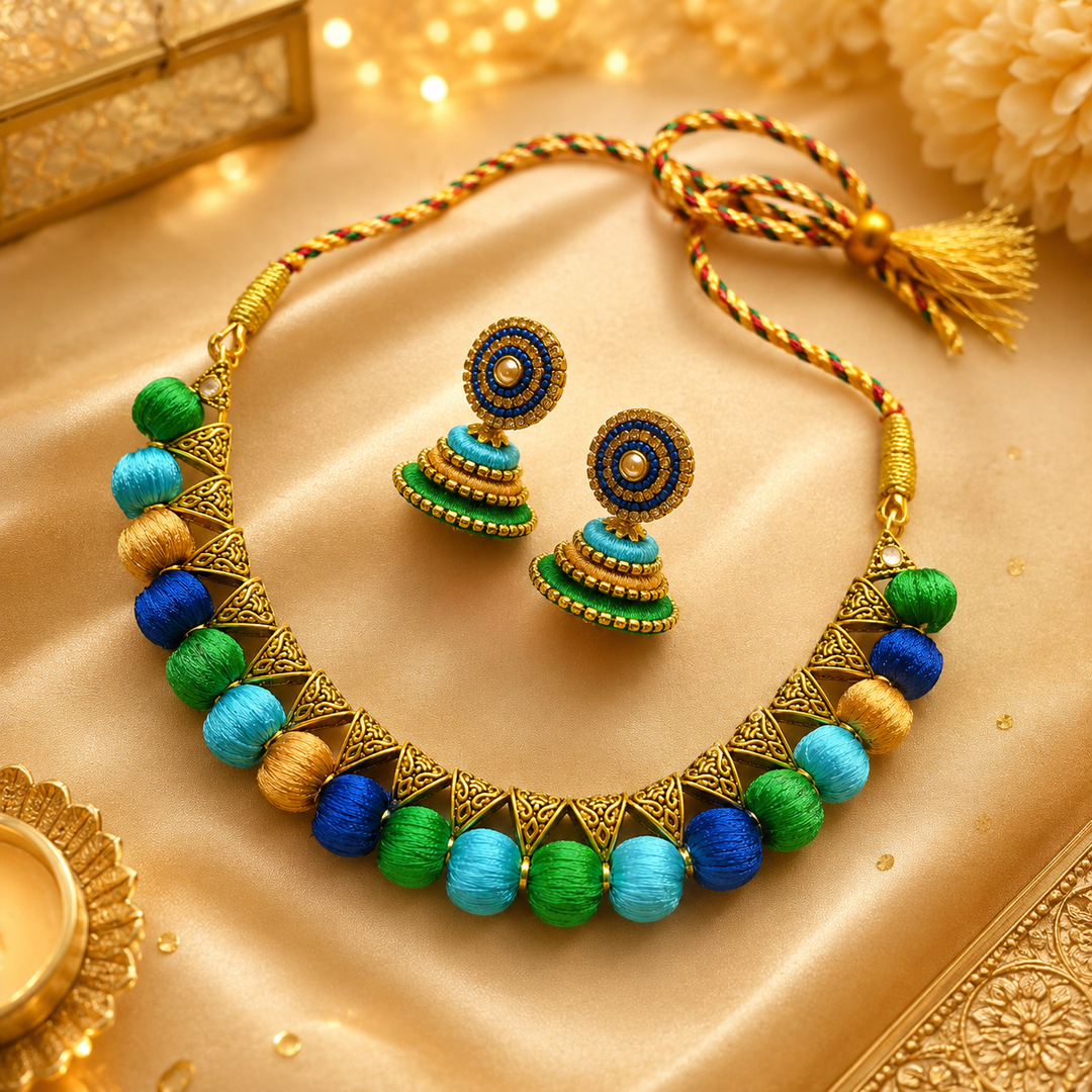 Multicolour Threaded Necklace Earring Set
