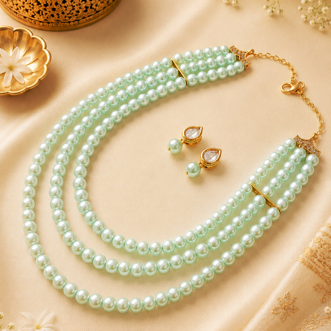 Turquoise Blue Triple Layer Pearl Necklace Set