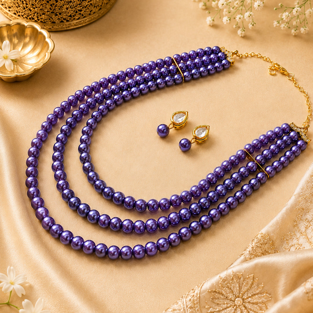 Royal Purple Triple Layer Pearl Necklace Set