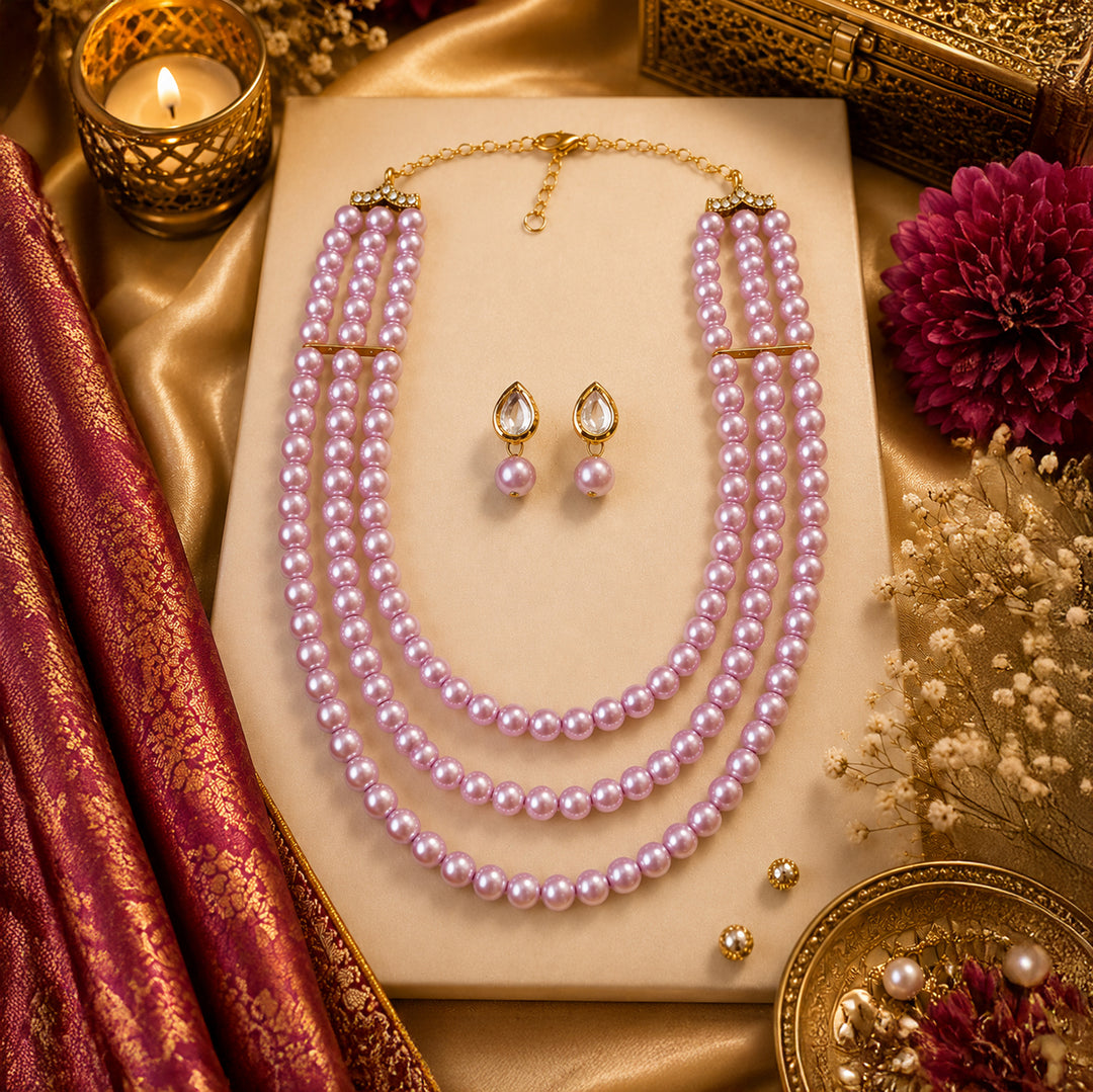 Rose Pink Triple Layer Pearl Necklace Set