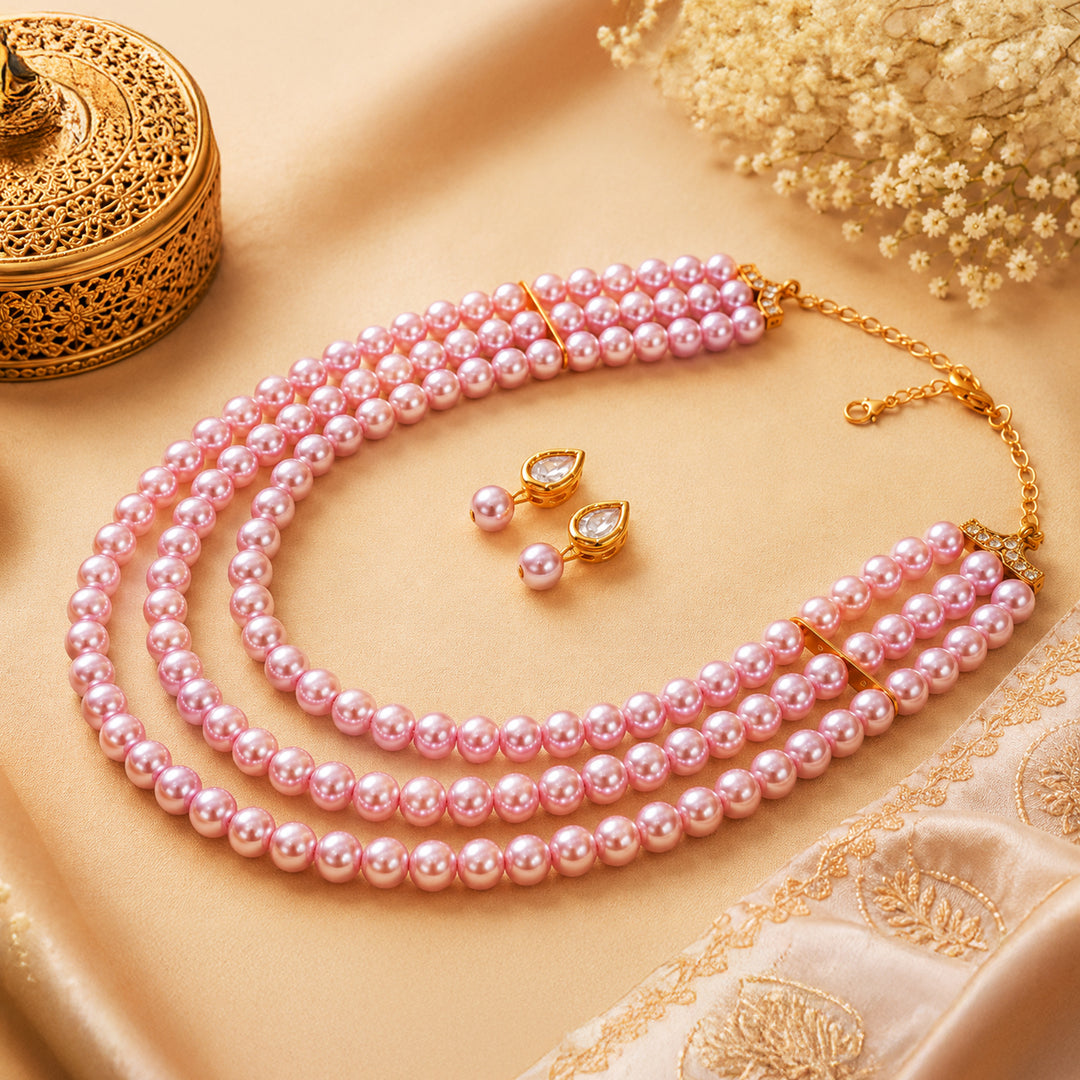 Rose Pink Triple Layer Pearl Necklace Set