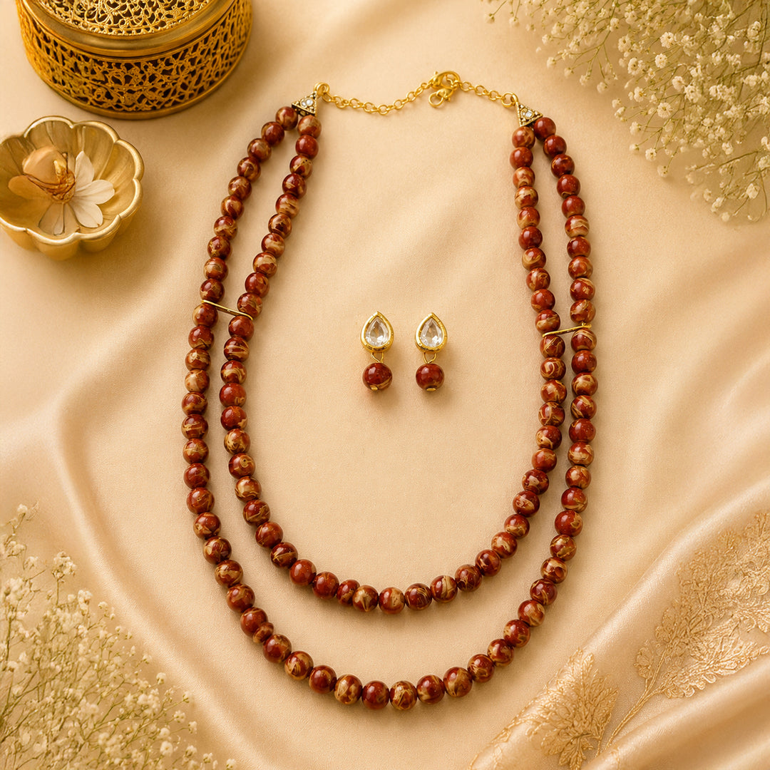 Brown Tiger Dual Layer Pearl Necklace Set