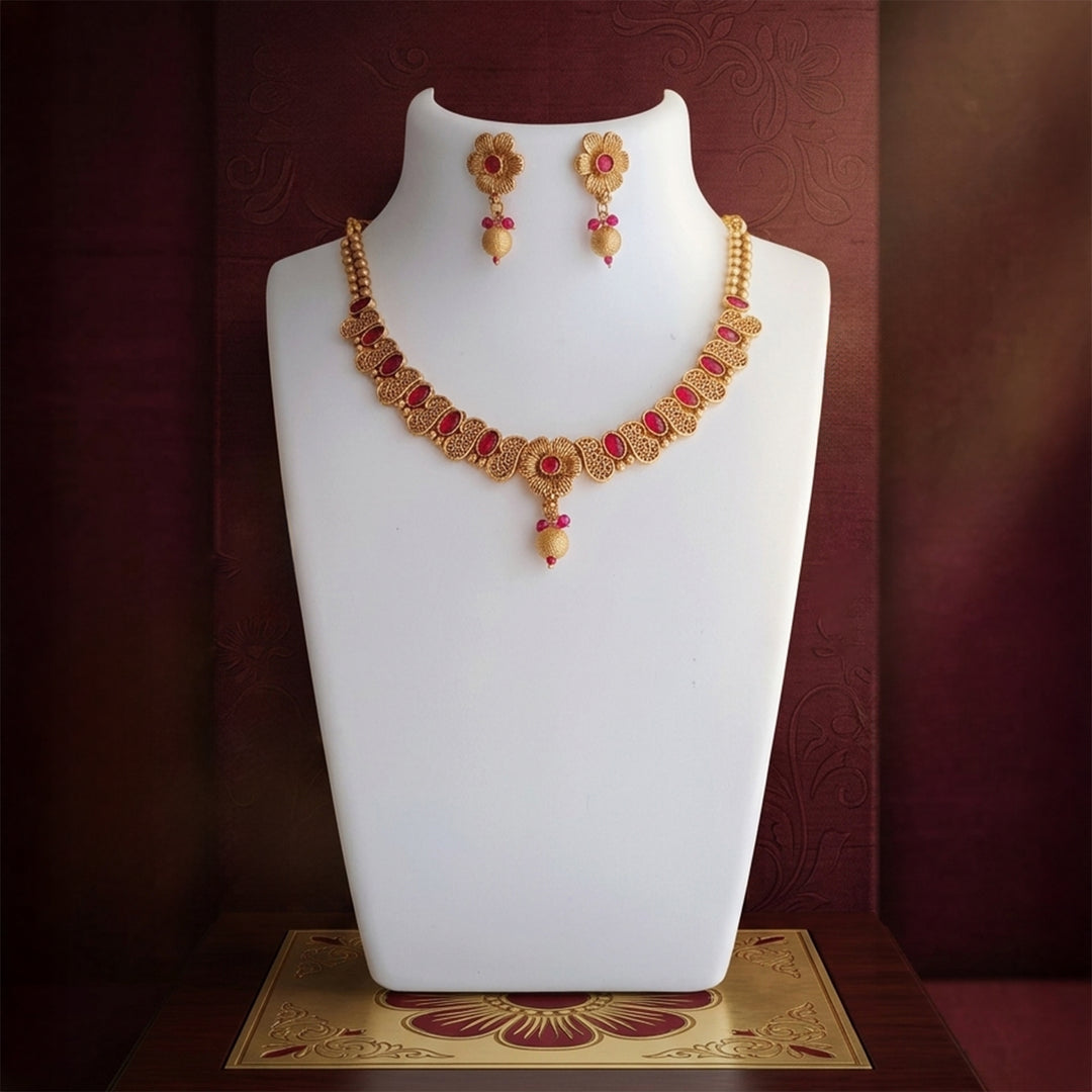 Red Sapphire Golden Pearl Necklace Set