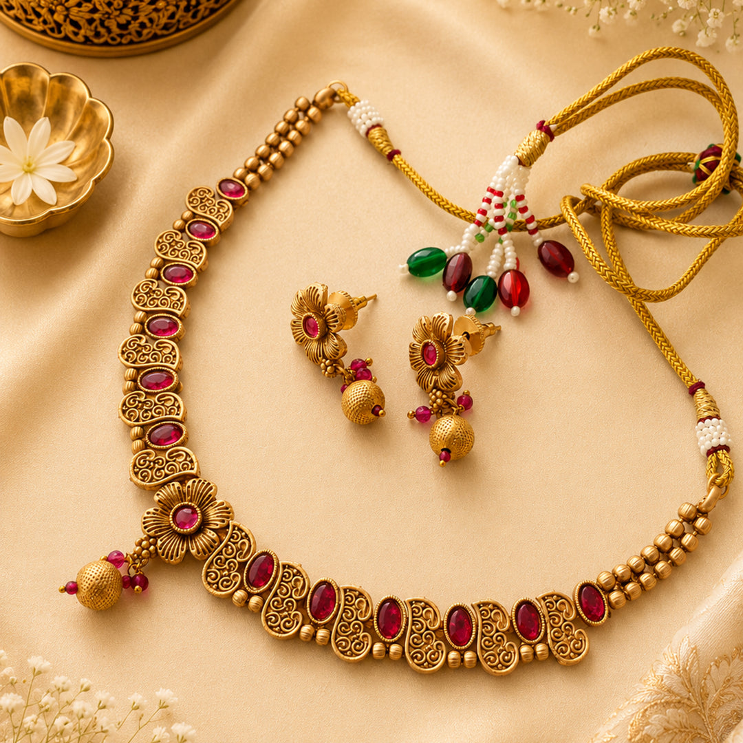 Red Sapphire Golden Pearl Necklace Set