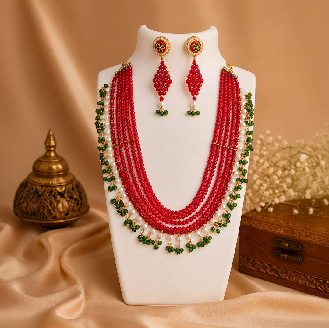 Penta Layer Maroon Crystal Necklace Set