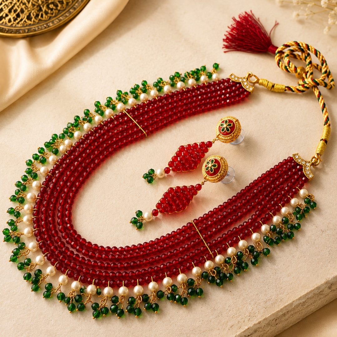 Penta Layer Maroon Crystal Necklace Set