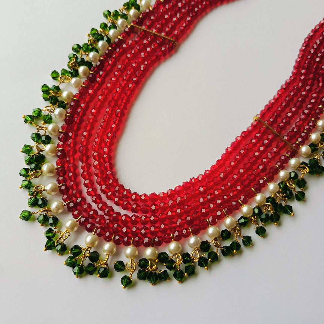 Penta Layer Maroon Crystal Necklace Set