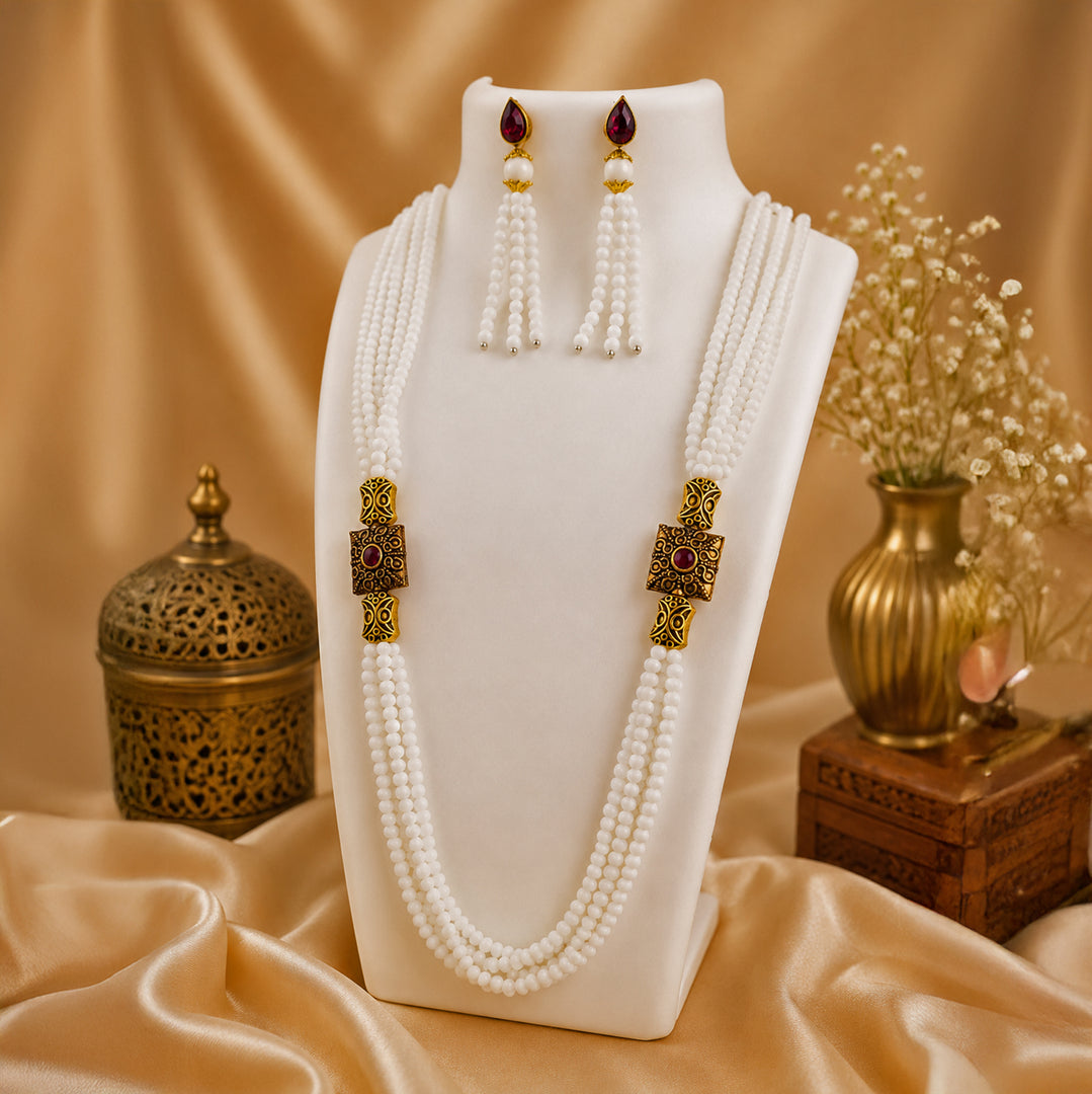 Penta Layer White Pearl Necklace Set