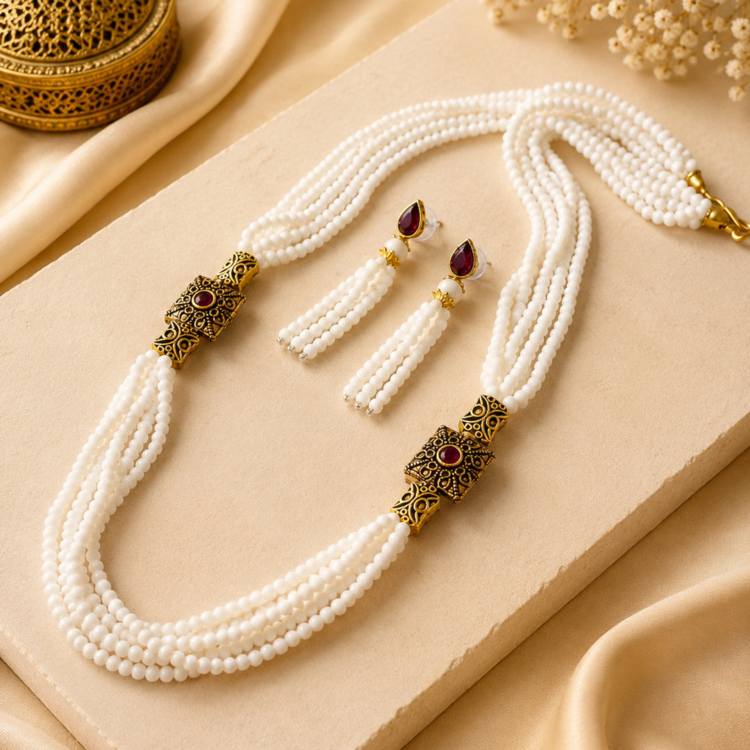 Penta Layer White Pearl Necklace Set
