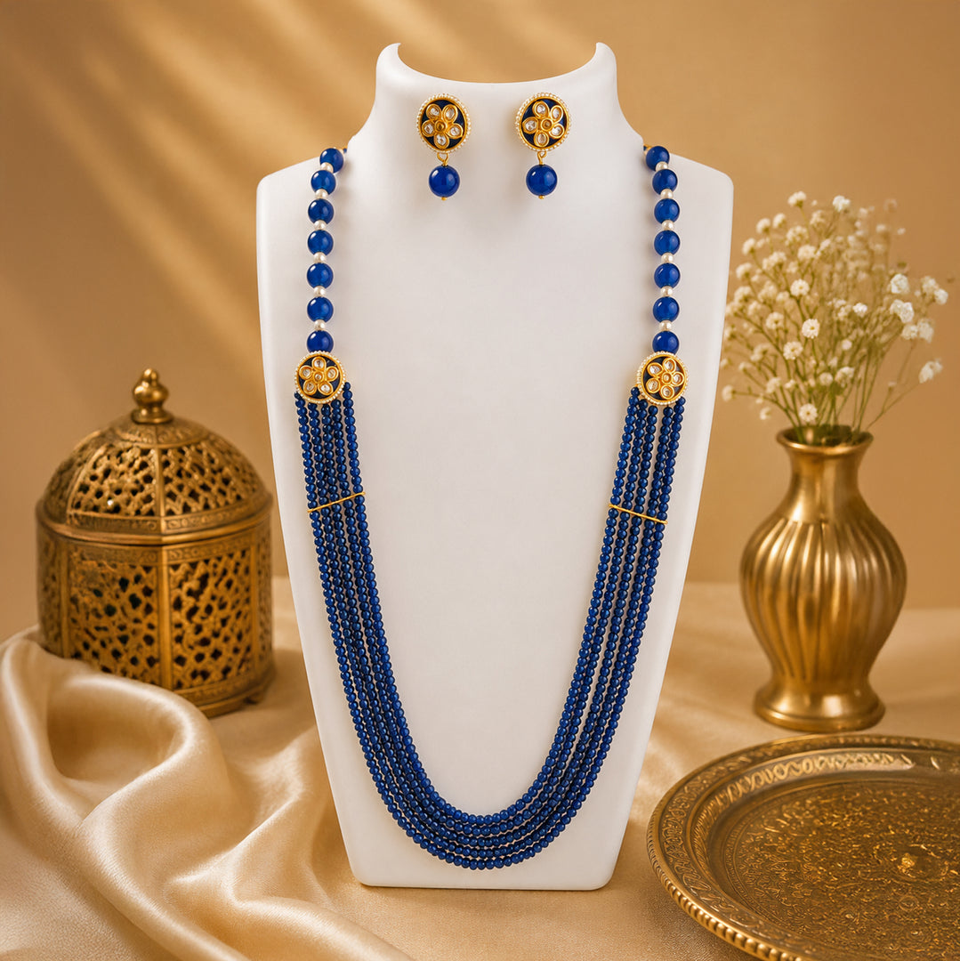Penta Layer Cobalt Blue Pearl Necklace Set