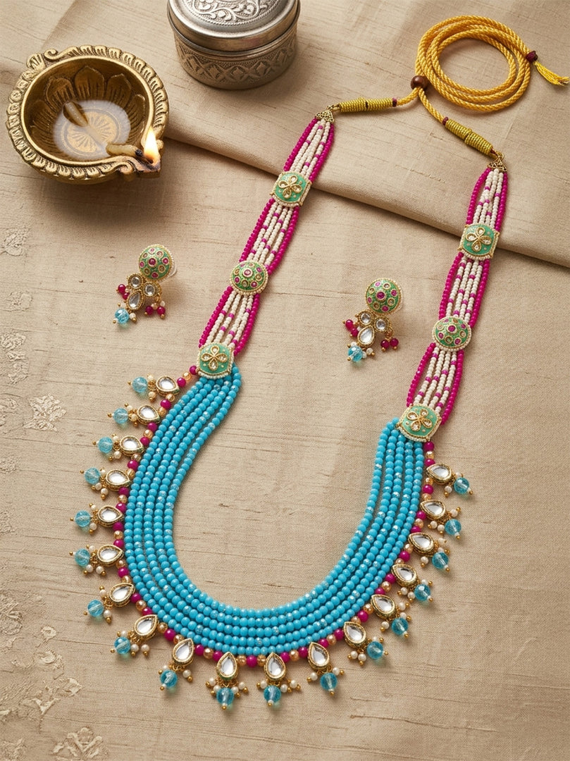 Turquoise Blue & Pink Beaded Necklace Set