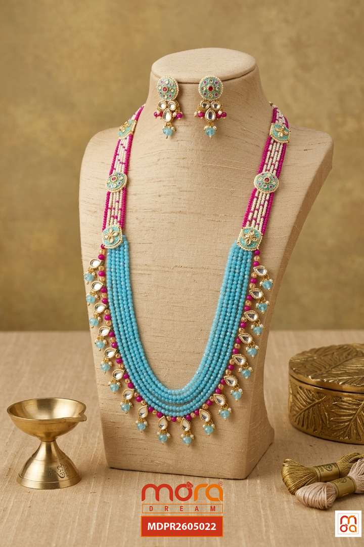 Turquoise Blue & Pink Beaded Necklace Set