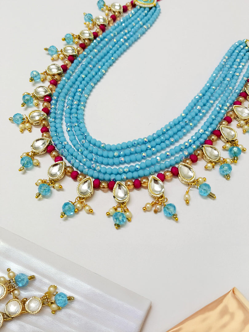 Turquoise Blue & Pink Beaded Necklace Set