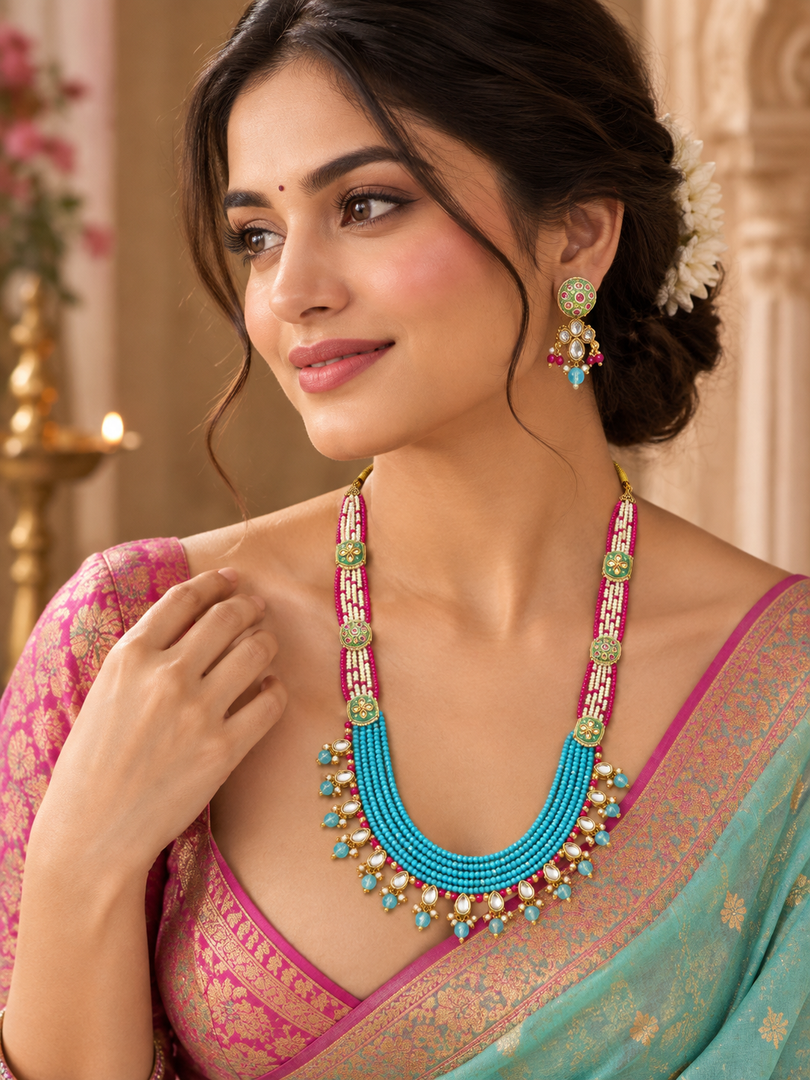 Turquoise Blue & Pink Beaded Necklace Set