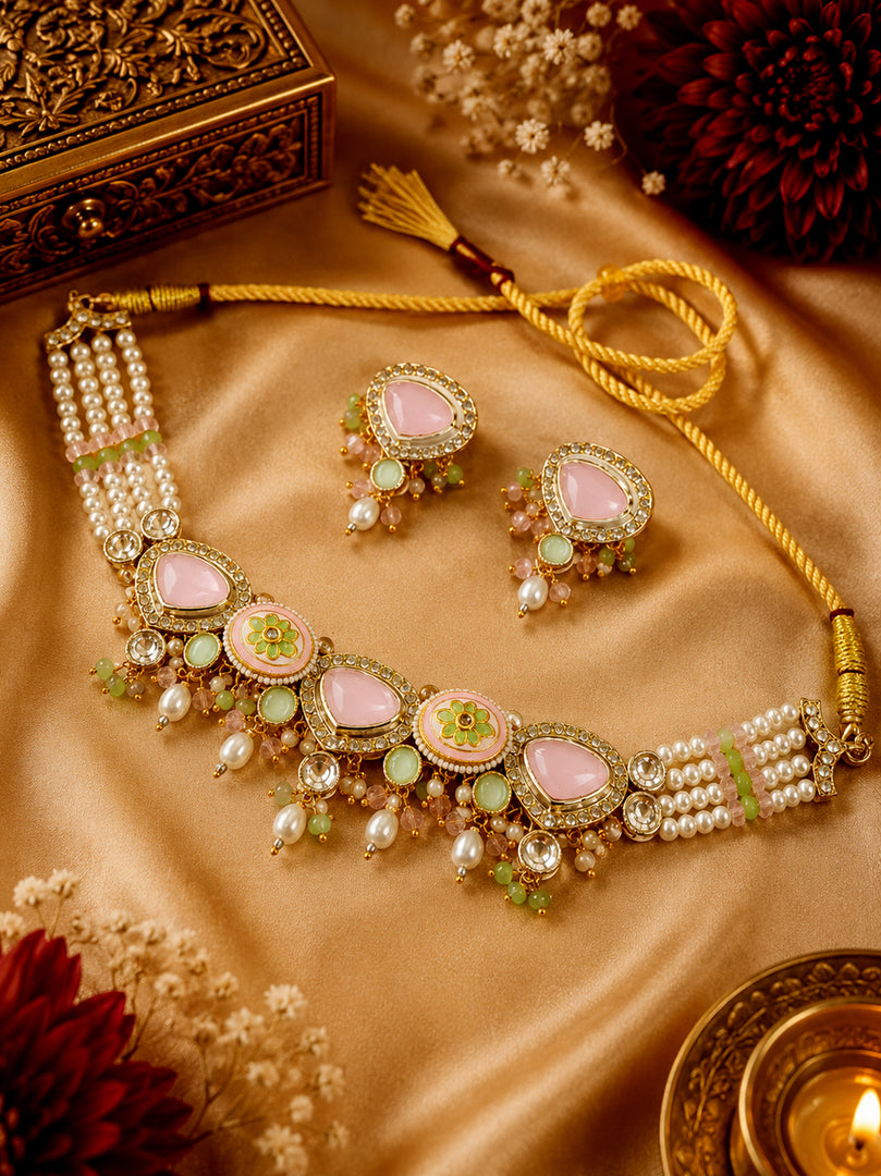 Pink Stone & Pearl Multi-Strand Necklace Set