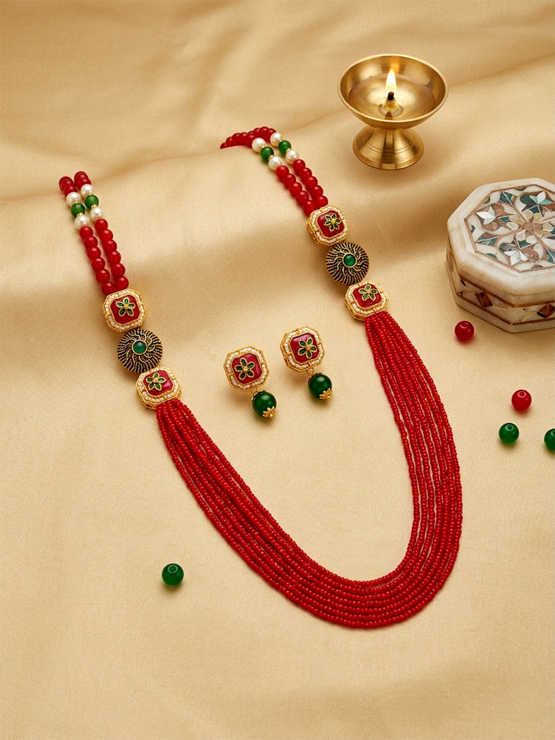 Handcrafted Red Beaded Long Necklace Set