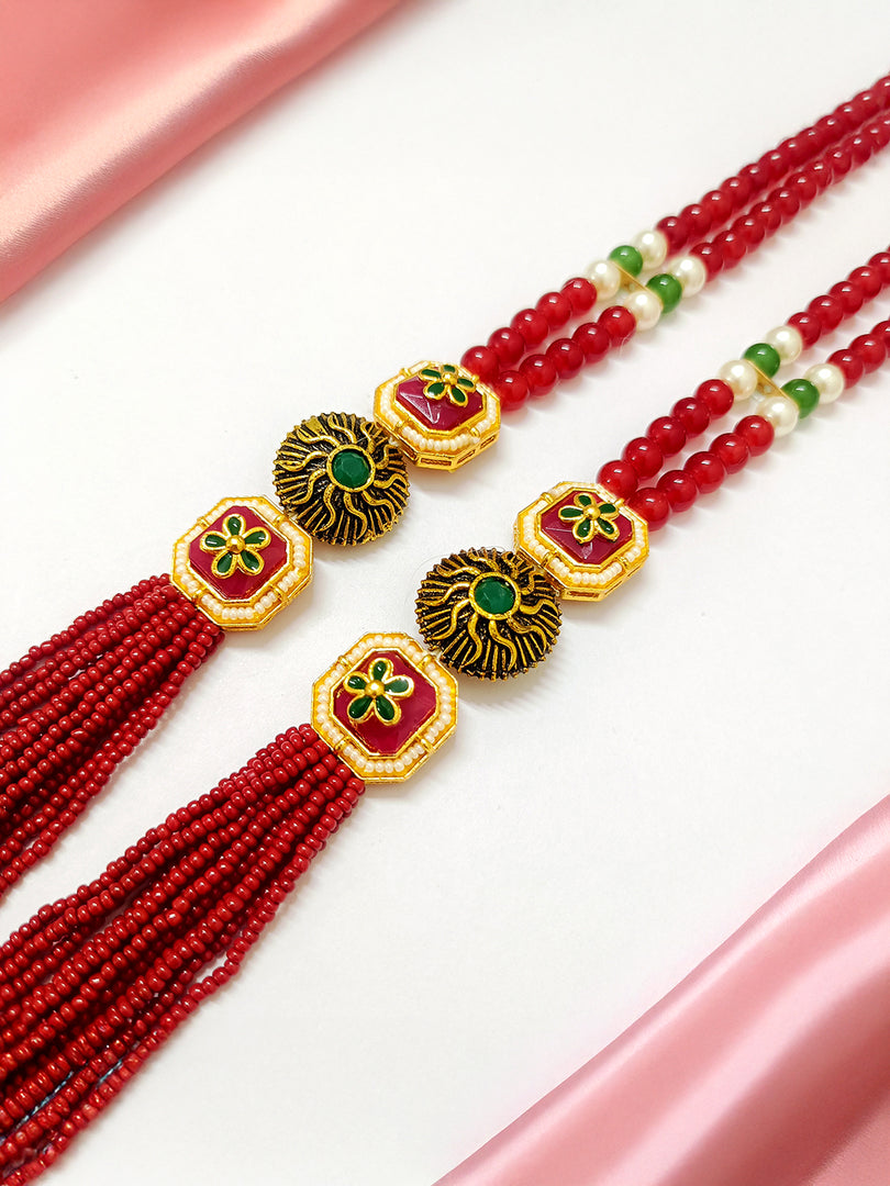 Handcrafted Red Beaded Long Necklace Set