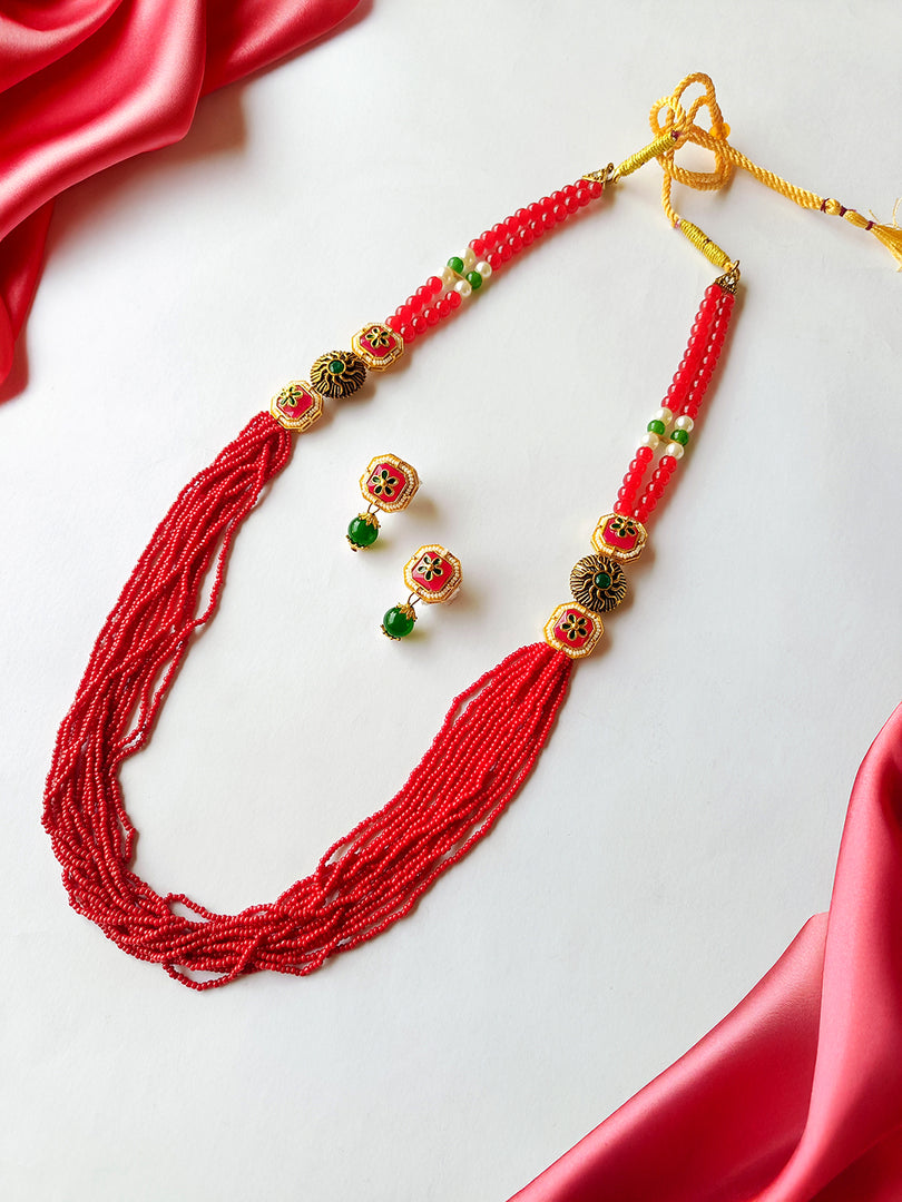 Handcrafted Red Beaded Long Necklace Set