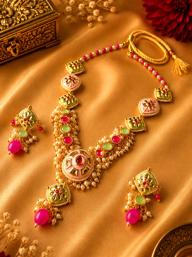 Pink & Mint Green Kundan Necklace Set